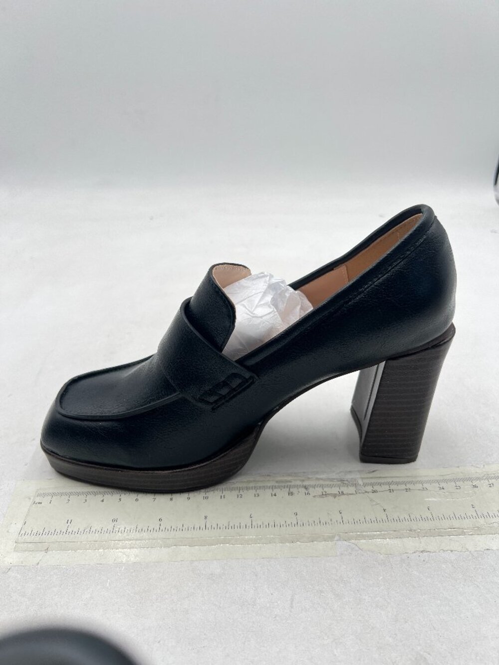 YDN Black Square Toe Penny Loafers Chunky High Heels Casual Daily Slip On Pumps